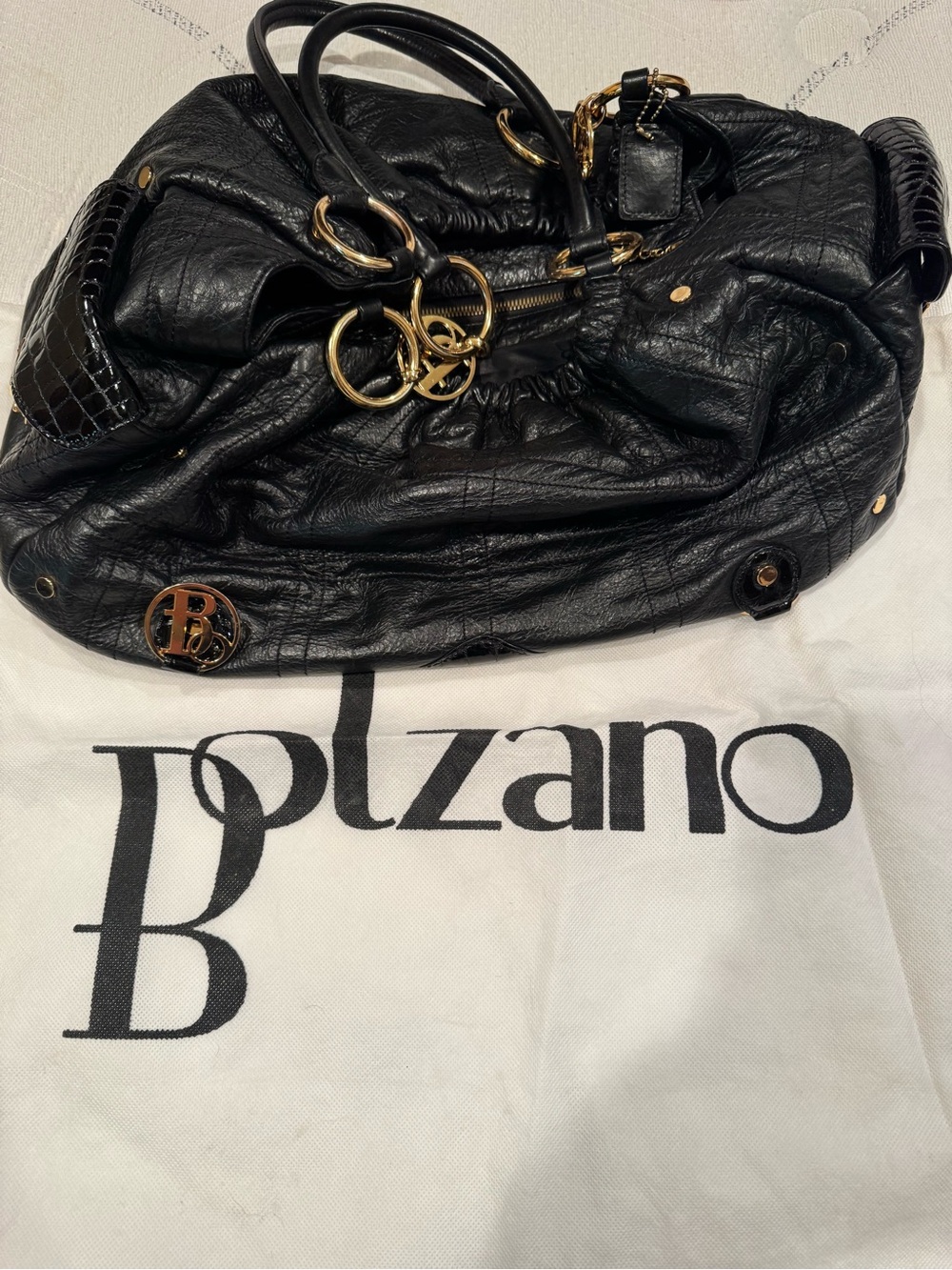 Botzano Black Leather Shoulder Bag with Gold Rings